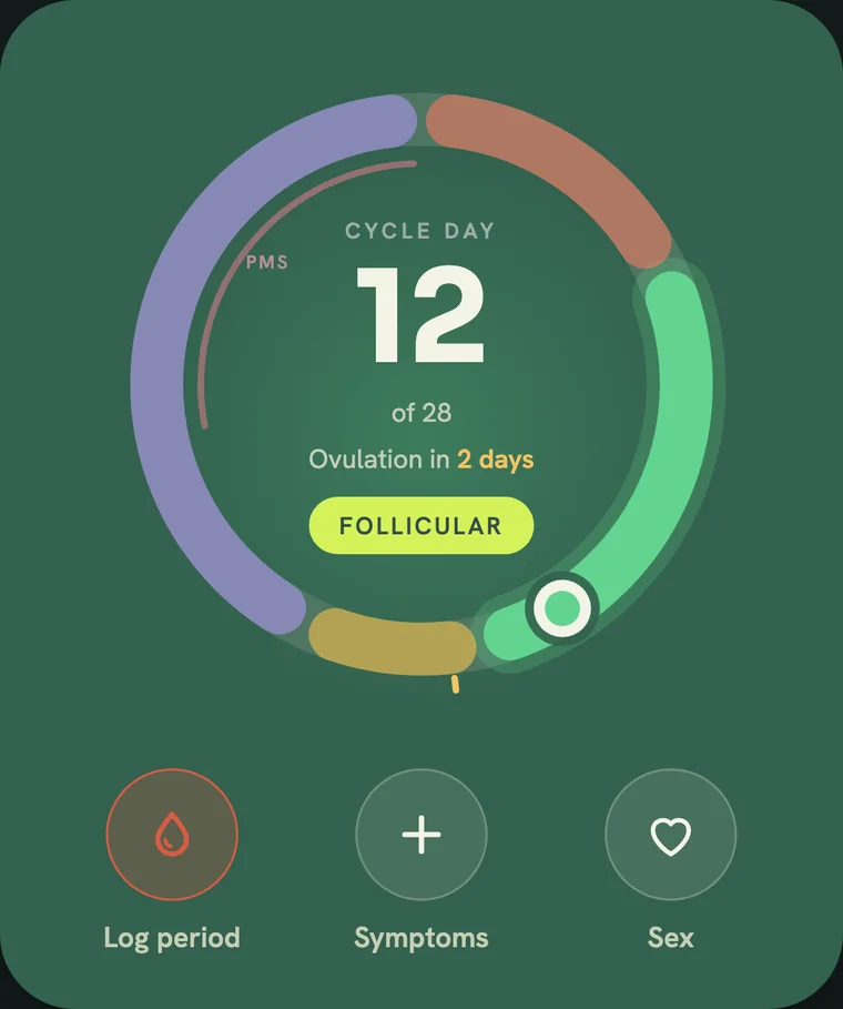 The Cue cycle ring on day 12: a bold four-colour ring, ovulation in 2 days, and buttons to log her period, symptoms or sex