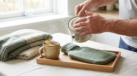 Hands preparing a hot water bottle and ginger tea