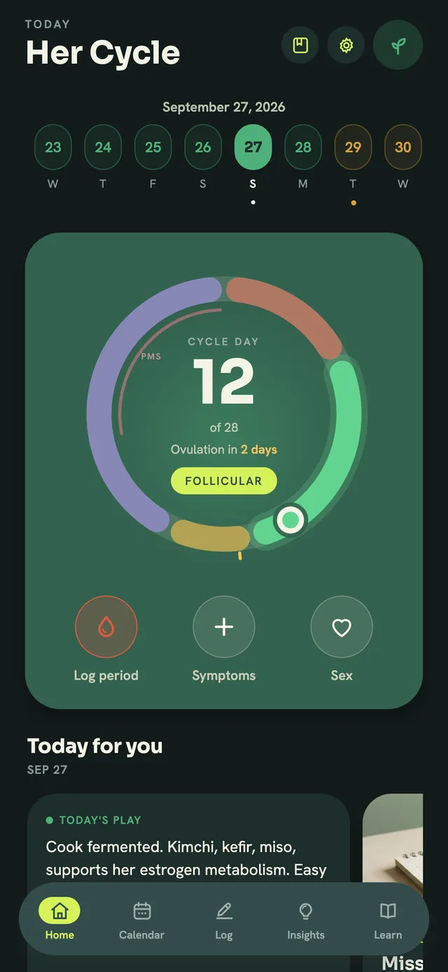 Cue home screen: cycle day 12 of 28, follicular phase, ovulation in 2 days, with quick buttons to log her period, symptoms or sex
