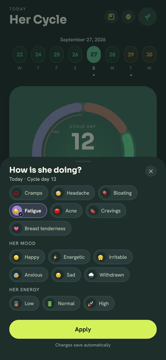 Quick log: a sheet with cramps and fatigue selected